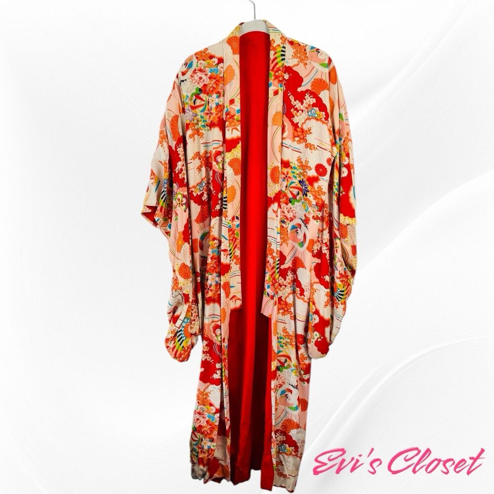 Vintage Japanese Flowers Birds Summer Nagajuban Fully Lined Kimono Robe S/M